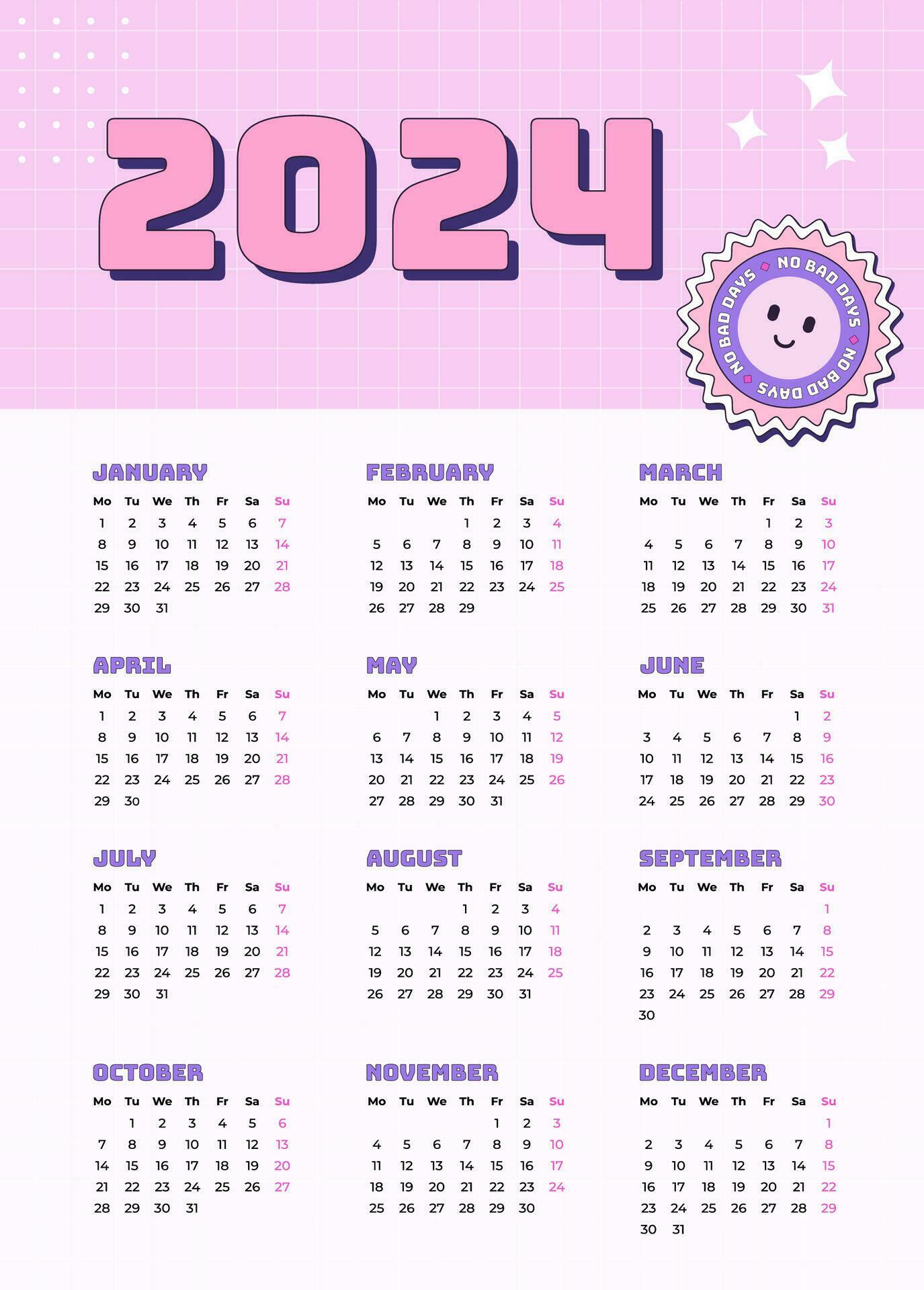 Vertical vector monthly calendar 2024 in Y2k style, 90s graphic design