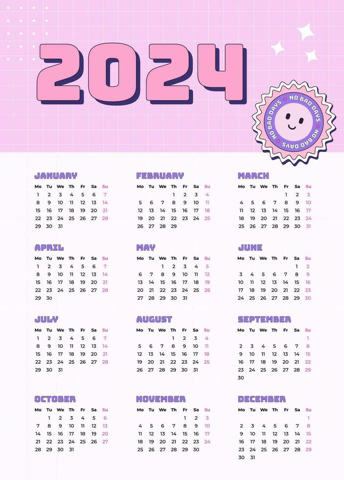 Vertical vector monthly calendar 2024 in Y2k style, 90s graphic design. Bright color template in retro style with checkered background.