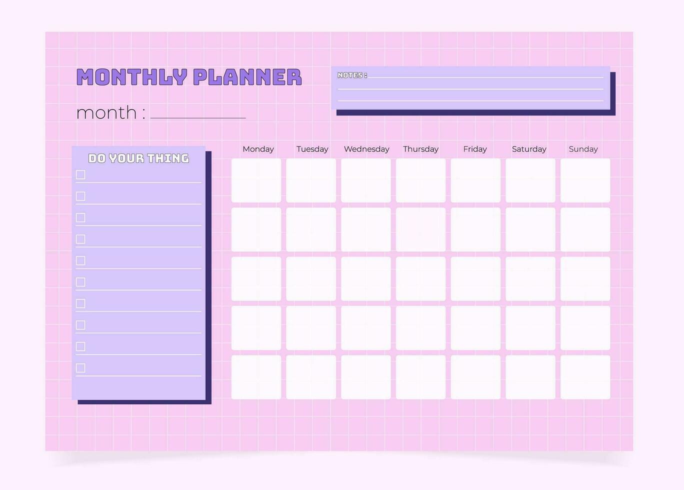 Horizontal Y2k style monthly planner calendar template 2024. 90s graphic design vector planner with checkered background.