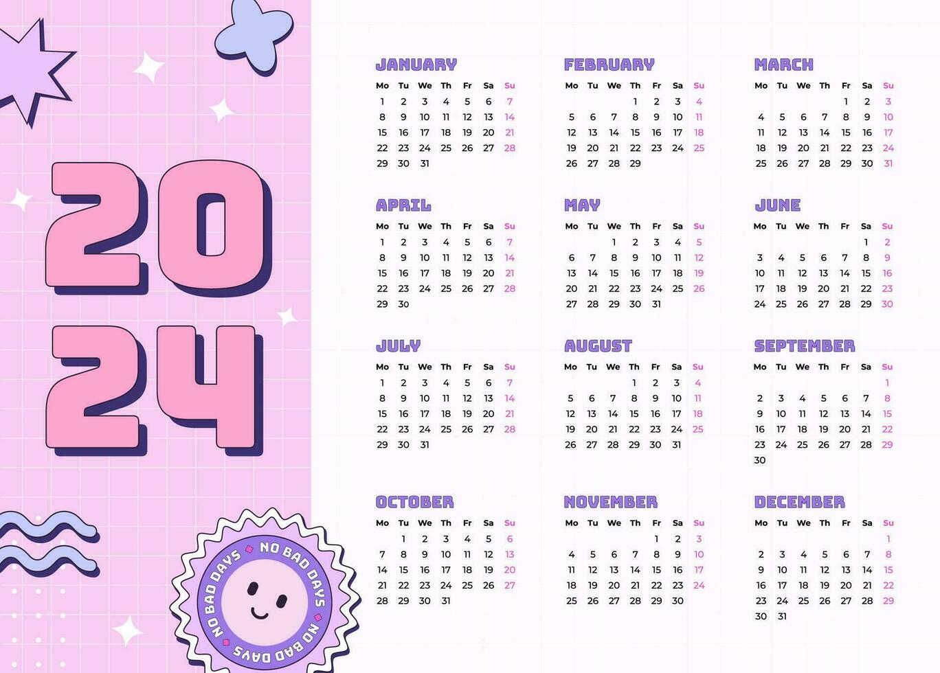 Vector monthly calendar 2024 in Y2k style, 90s graphic design. Bright color template in retro style with checkered background.