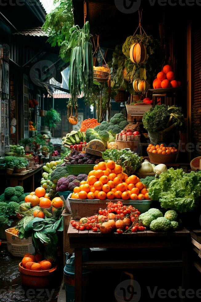 AI generated Asian food market, fresh vegetables and fruits - AI generated image photo