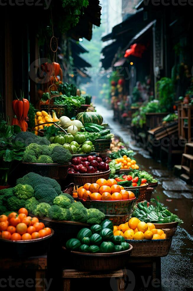 AI generated Asian food market, fresh vegetables and fruits - AI generated image photo