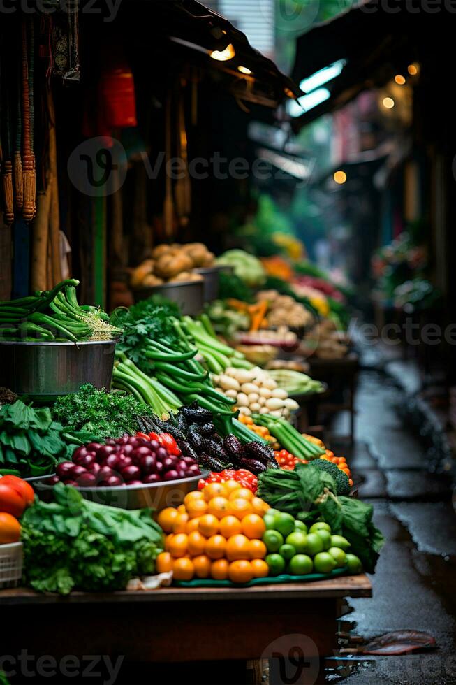 AI generated Asian food market, fresh vegetables and fruits - AI generated image photo