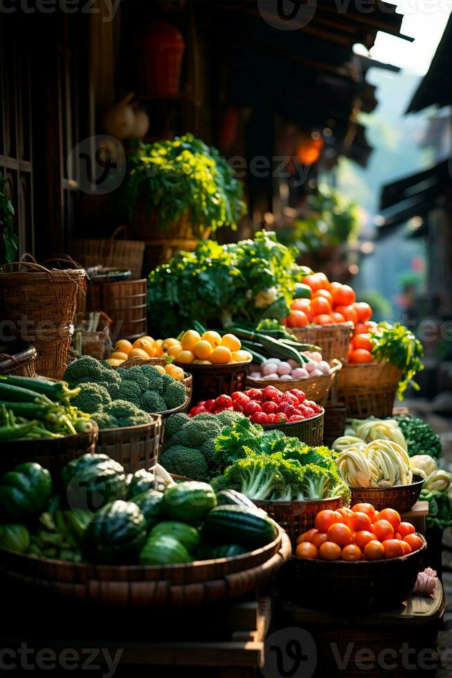 AI generated Asian food market, fresh vegetables and fruits - AI generated image photo