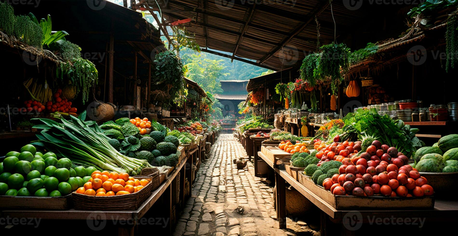 ai generado asiático comida mercado, Fresco vegetales y frutas - ai generado imagen foto