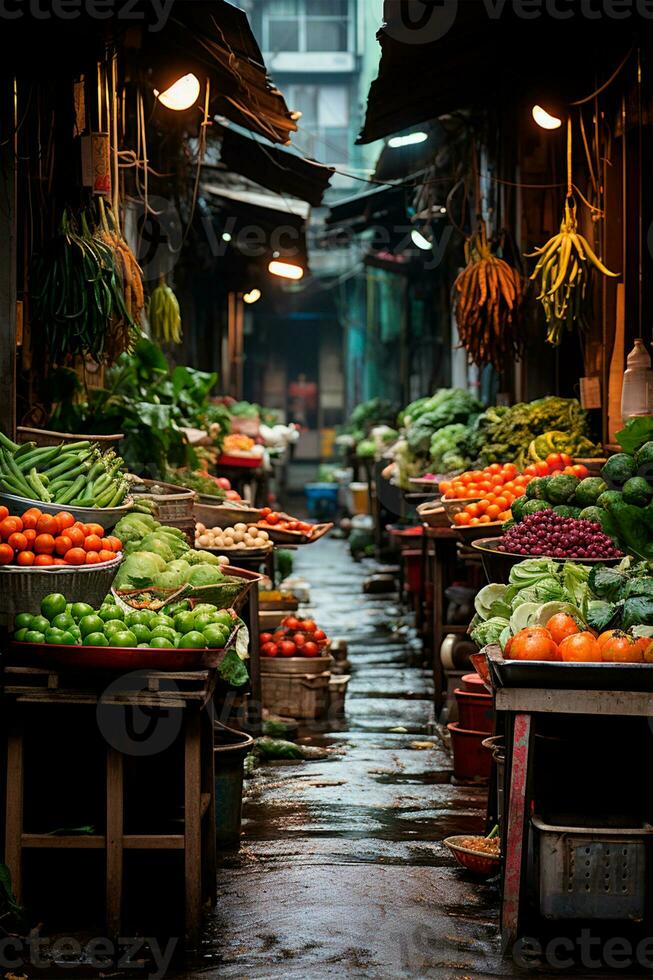 AI generated Asian food market, fresh vegetables and fruits - AI generated image photo