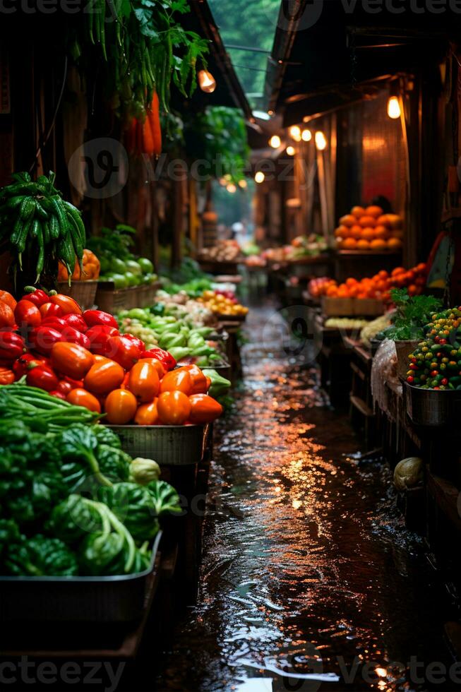 AI generated Asian food market, fresh vegetables and fruits - AI generated image photo