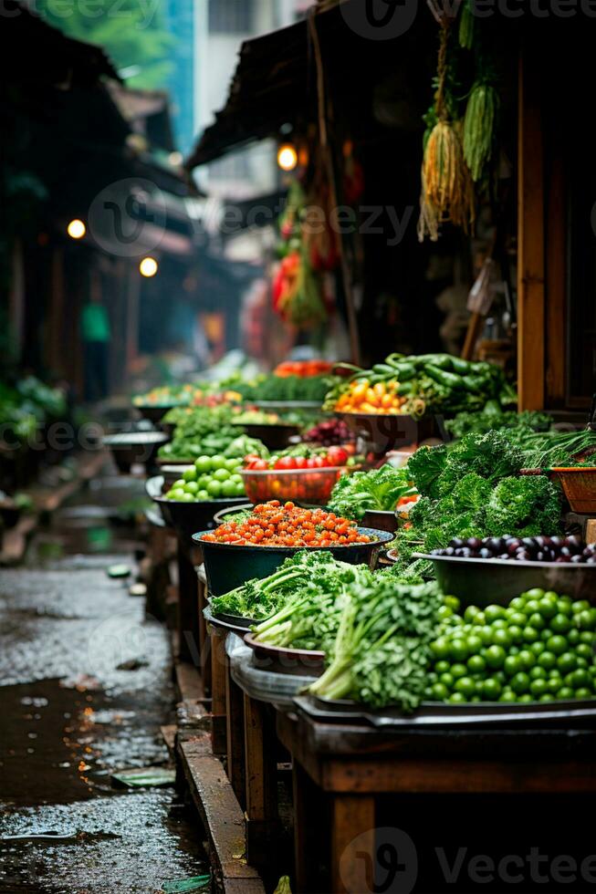 ai generado asiático comida mercado, Fresco vegetales y frutas - ai generado imagen foto