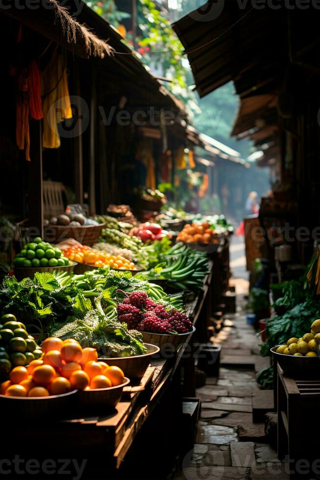 AI generated Asian food market, fresh vegetables and fruits - AI generated image photo