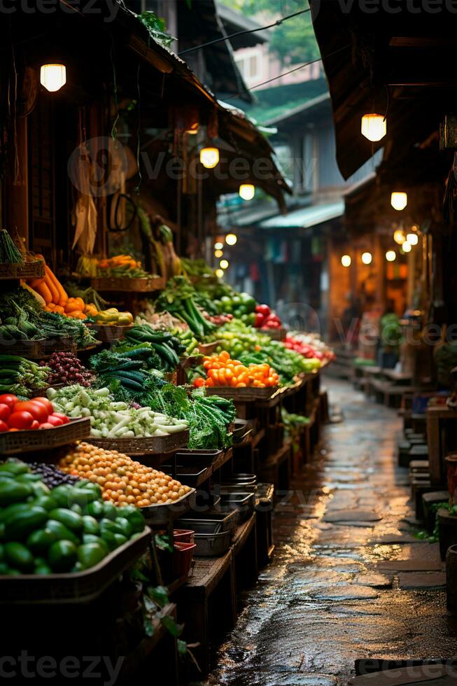 AI generated Asian food market, fresh vegetables and fruits - AI generated image photo