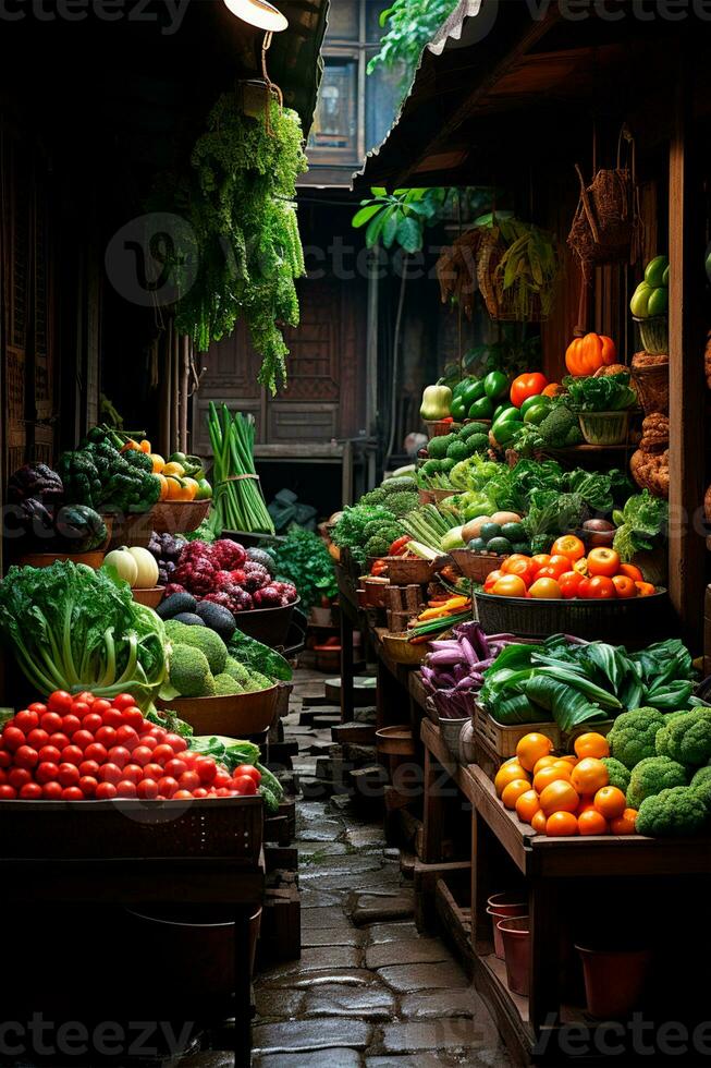 AI generated Asian food market, fresh vegetables and fruits - AI generated image photo