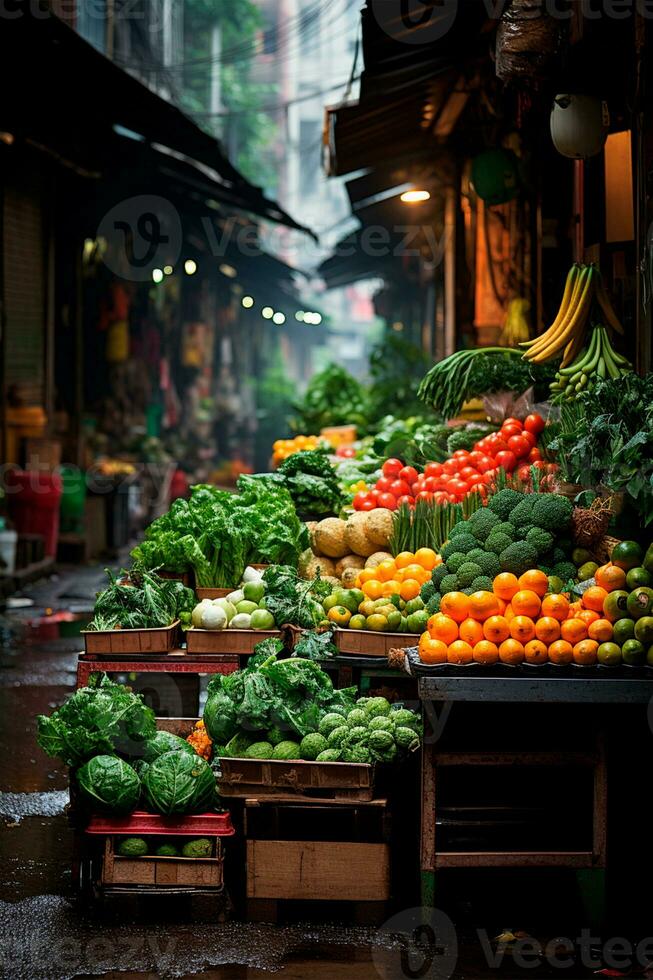 AI generated Asian food market, fresh vegetables and fruits - AI generated image photo