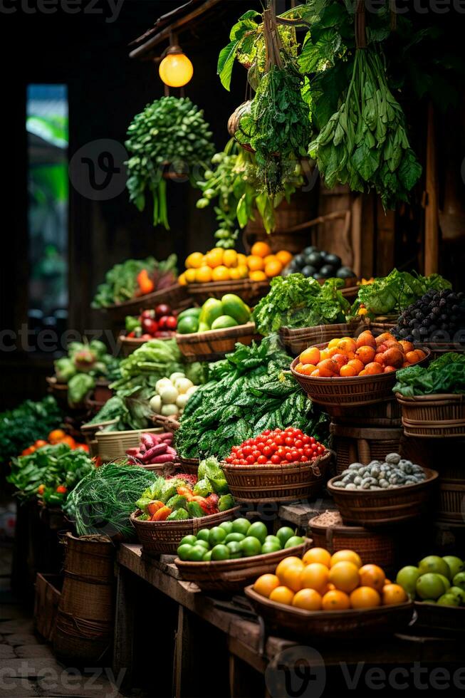 AI generated Asian food market, fresh vegetables and fruits - AI generated image photo