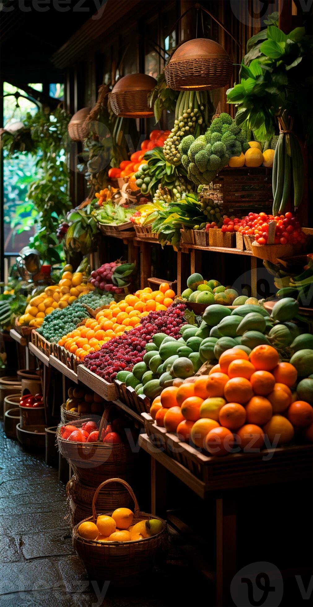 AI generated Asian food market, fresh vegetables and fruits Biology Diagrams
