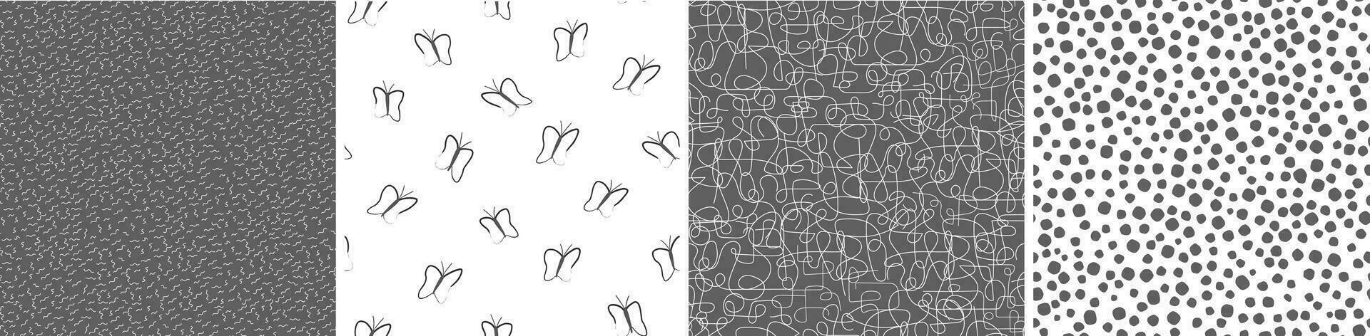 A set of seamless patterns with chaotic lines, dots, geometric shapes, silhouettes of butterflies. Simple abstract print. Vector graphics.