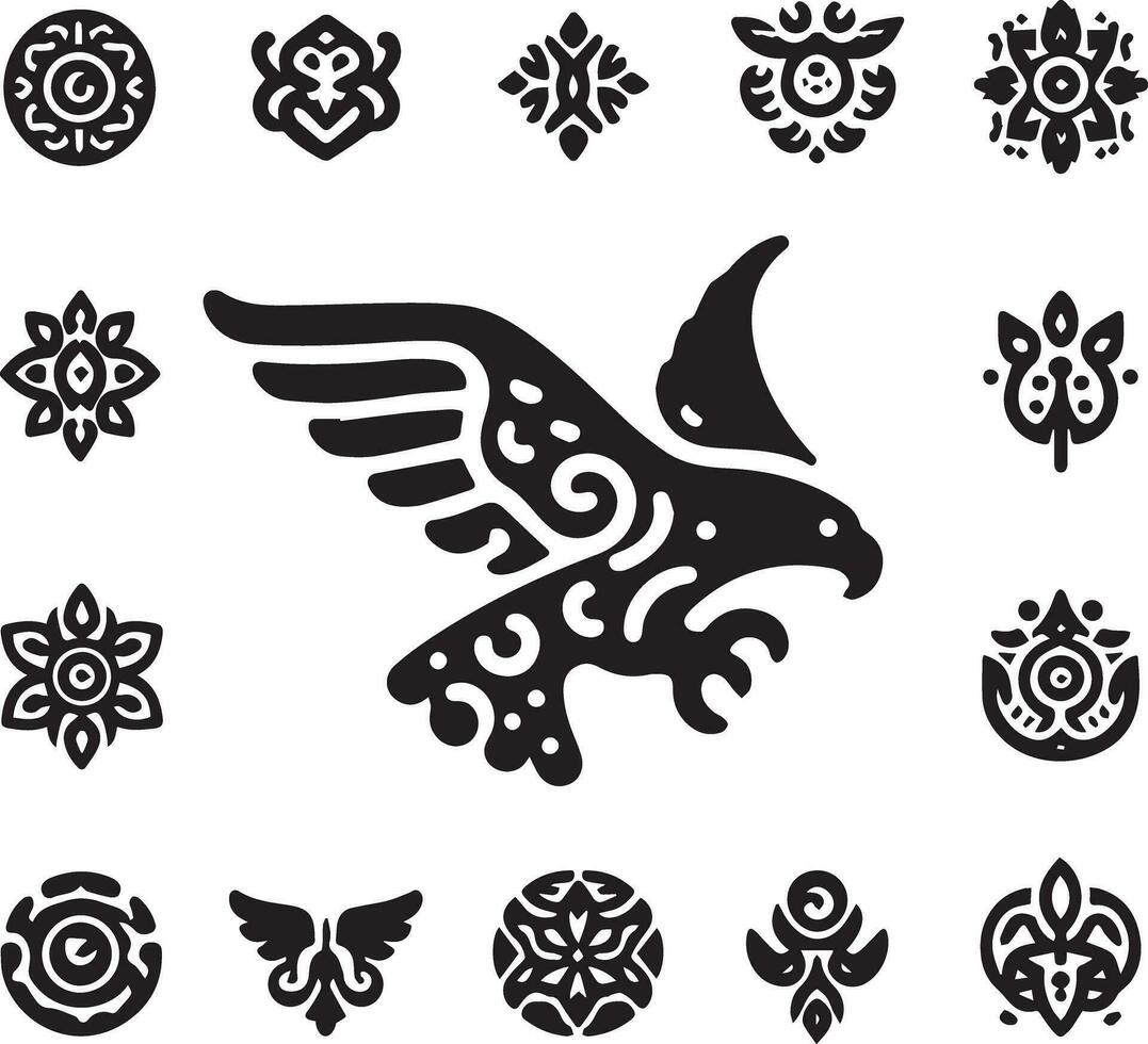 Black Silhouette solid vector set of icons like, eagle, bird, falcon, hawk, kite falcon, eagle emblem and so on.