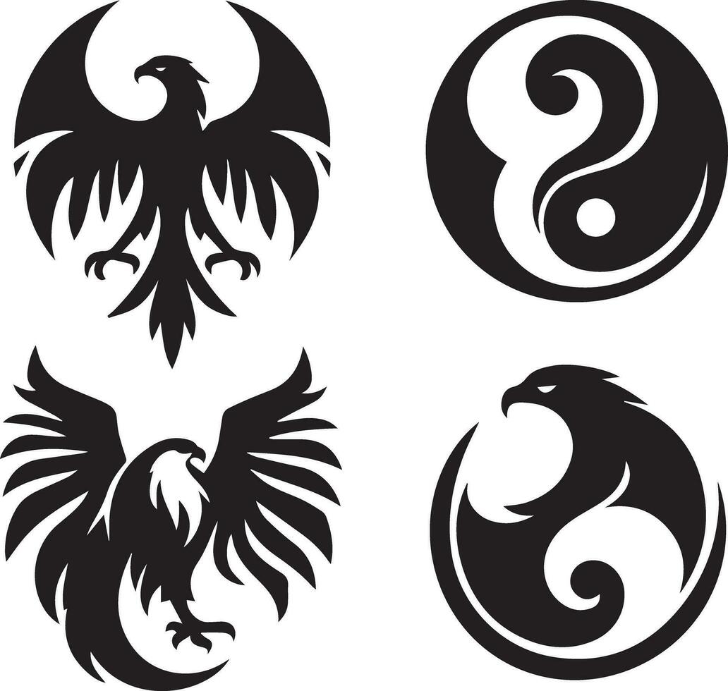 Black Silhouette solid vector set of icons like, eagle, bird, falcon, hawk, kite falcon, eagle emblem and so on.