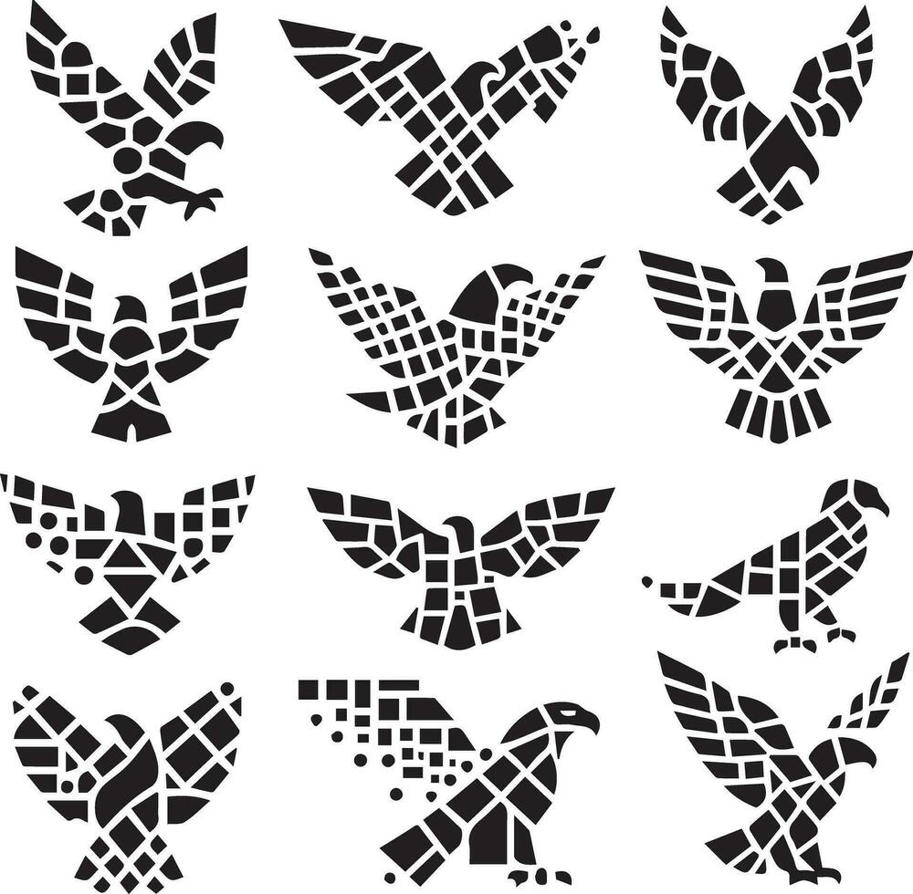 Black Silhouette solid vector set of icons like, eagle, bird, falcon, hawk, kite falcon, eagle emblem and so on.