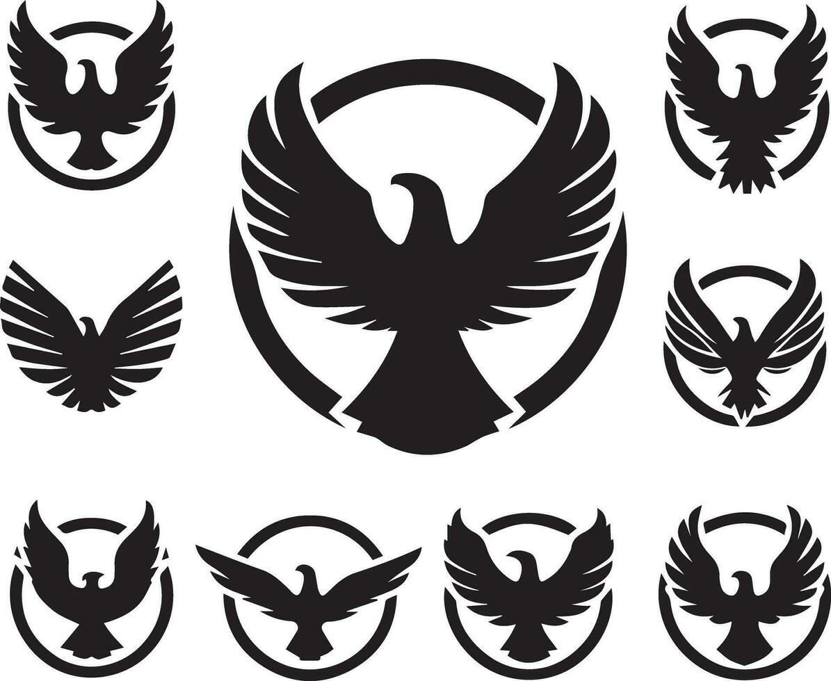 Black Silhouette solid vector set of icons like, eagle, bird, falcon, hawk, kite falcon, eagle emblem and so on.