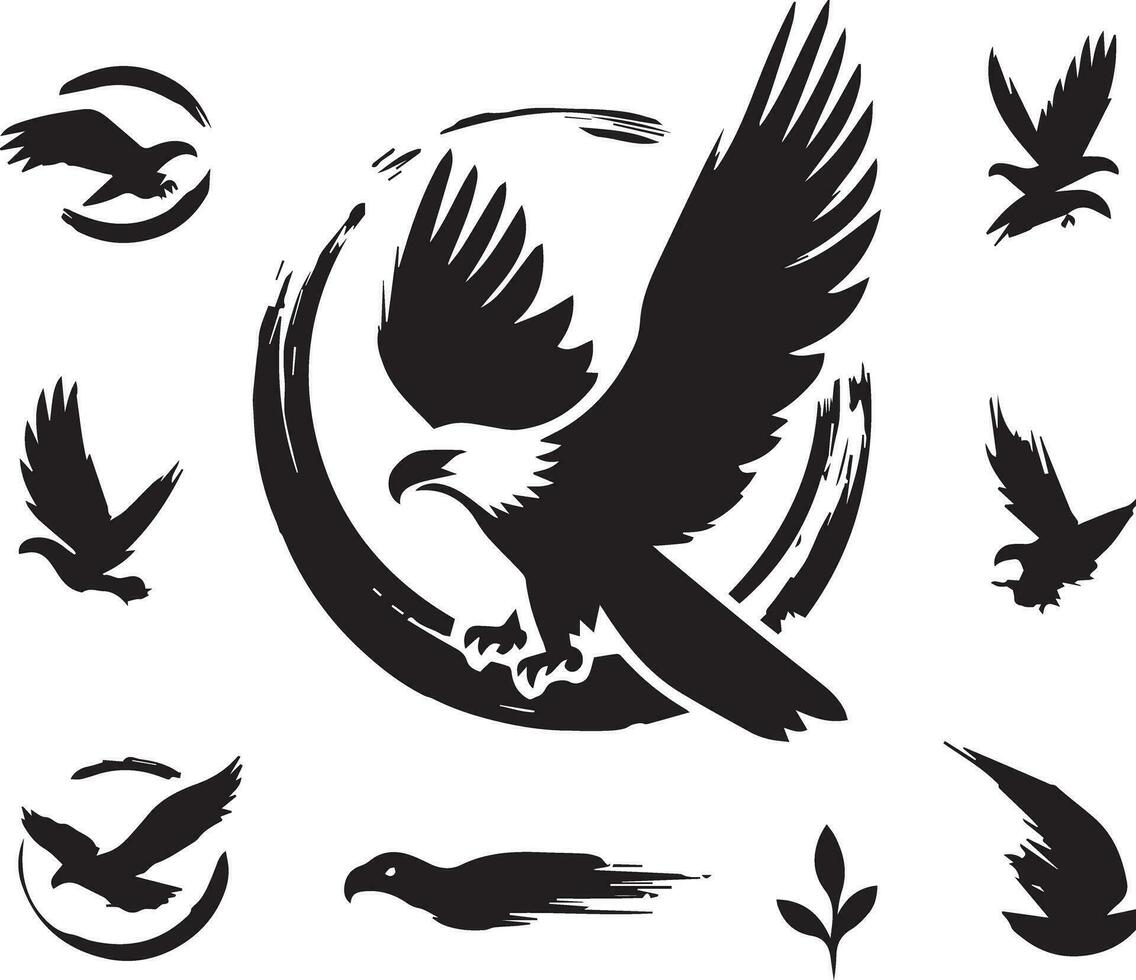 Black Silhouette solid vector set of icons like, eagle, bird, falcon, hawk, kite falcon, eagle emblem and so on.