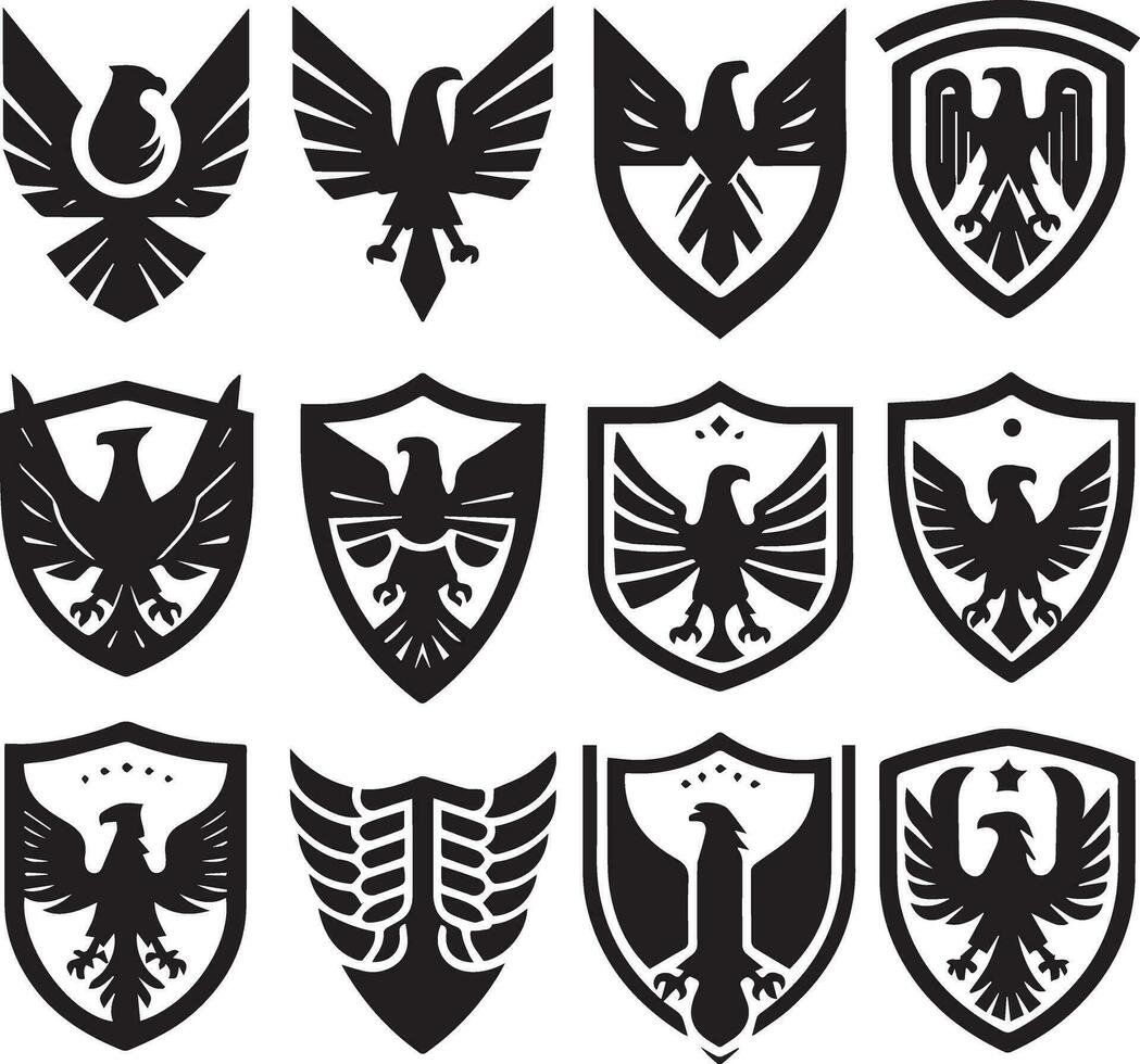 Black Silhouette solid vector set of icons like, eagle, bird, falcon, hawk, kite falcon, eagle emblem and so on.