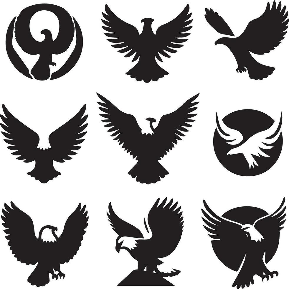 Black Silhouette solid vector set of icons like, eagle, bird, falcon, hawk, kite falcon, eagle emblem and so on.