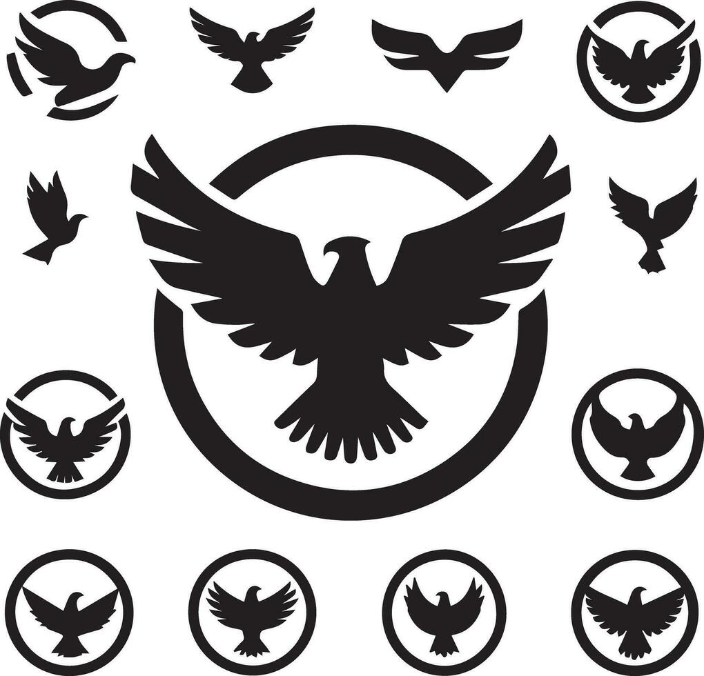 Black Silhouette solid vector set of icons like, eagle, bird, falcon, hawk, kite falcon, eagle emblem and so on.