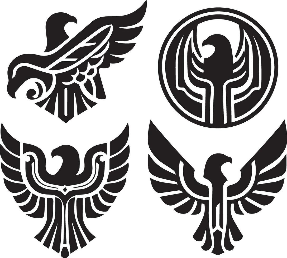 Black Silhouette solid vector set of icons like, eagle, bird, falcon, hawk, kite falcon, eagle emblem and so on.