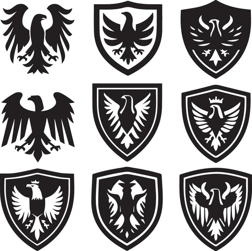 Black Silhouette solid vector set of icons like, eagle, bird, falcon, hawk, kite falcon, eagle emblem and so on.