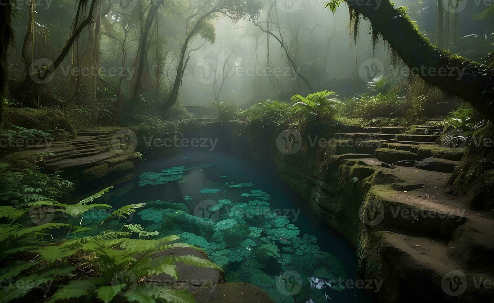 AI generated A beautiful jungle with many tropical plants. photo