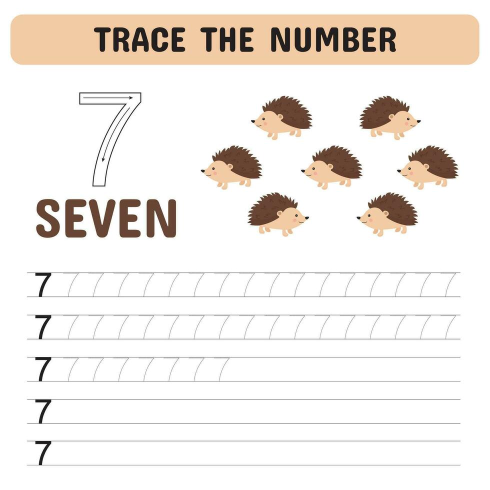 Trace the number . Tracing number worksheet for kindergarten, preschool for learning numbers and handwriting practice activities. Educational children game, printable worksheet. Vector illustration