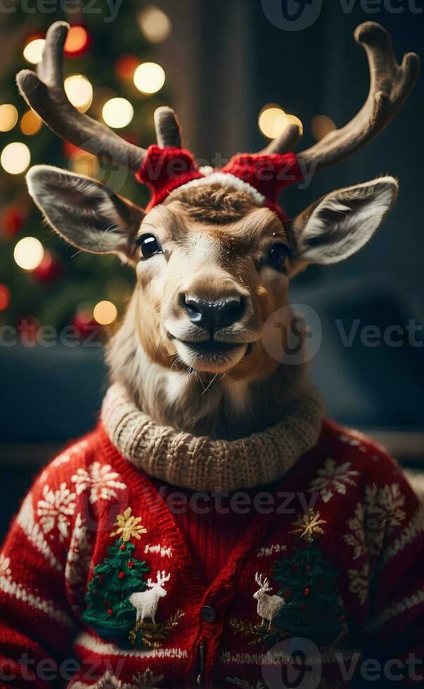 AI generated A cute smiling reindeer with Christmas sweater. photo