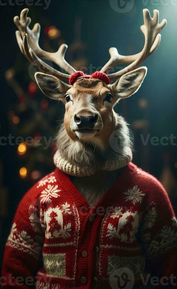 AI generated A cute smiling reindeer with Christmas sweater. photo