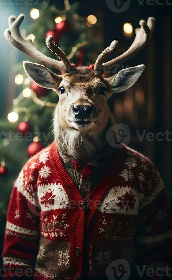 AI generated A cute smiling reindeer with Christmas sweater. photo