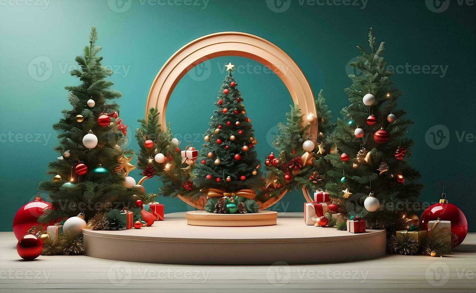 Luxury Merry Christmas product display podium with pine tree and decoration. photo