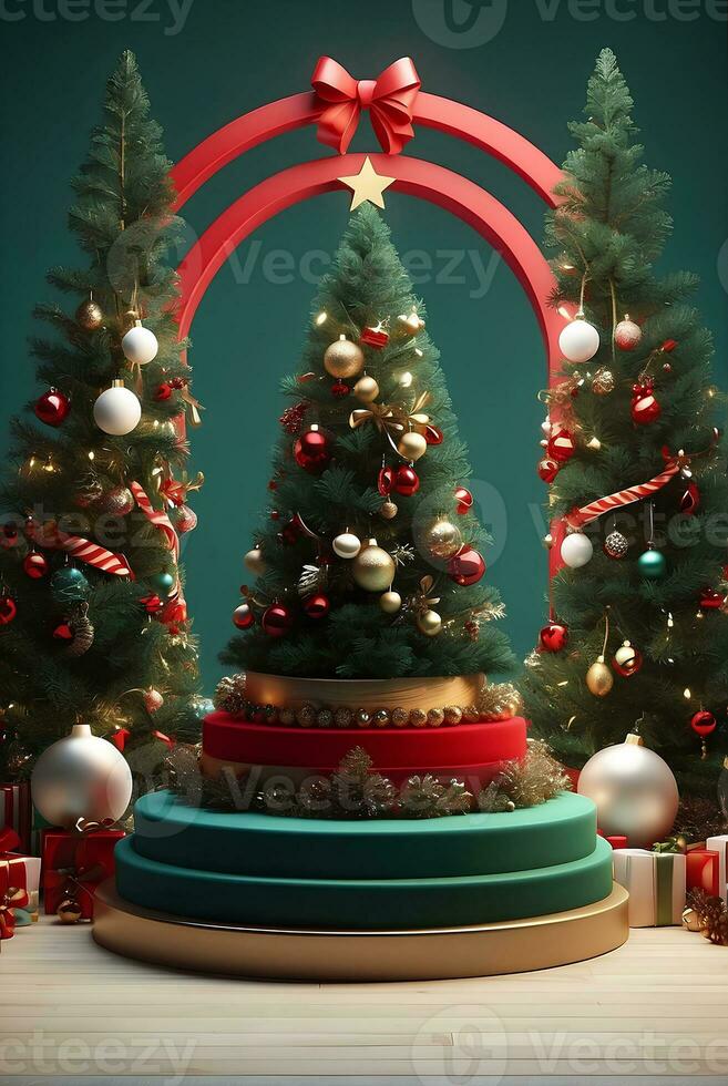 Luxury Merry Christmas product display podium with pine tree and decoration. photo