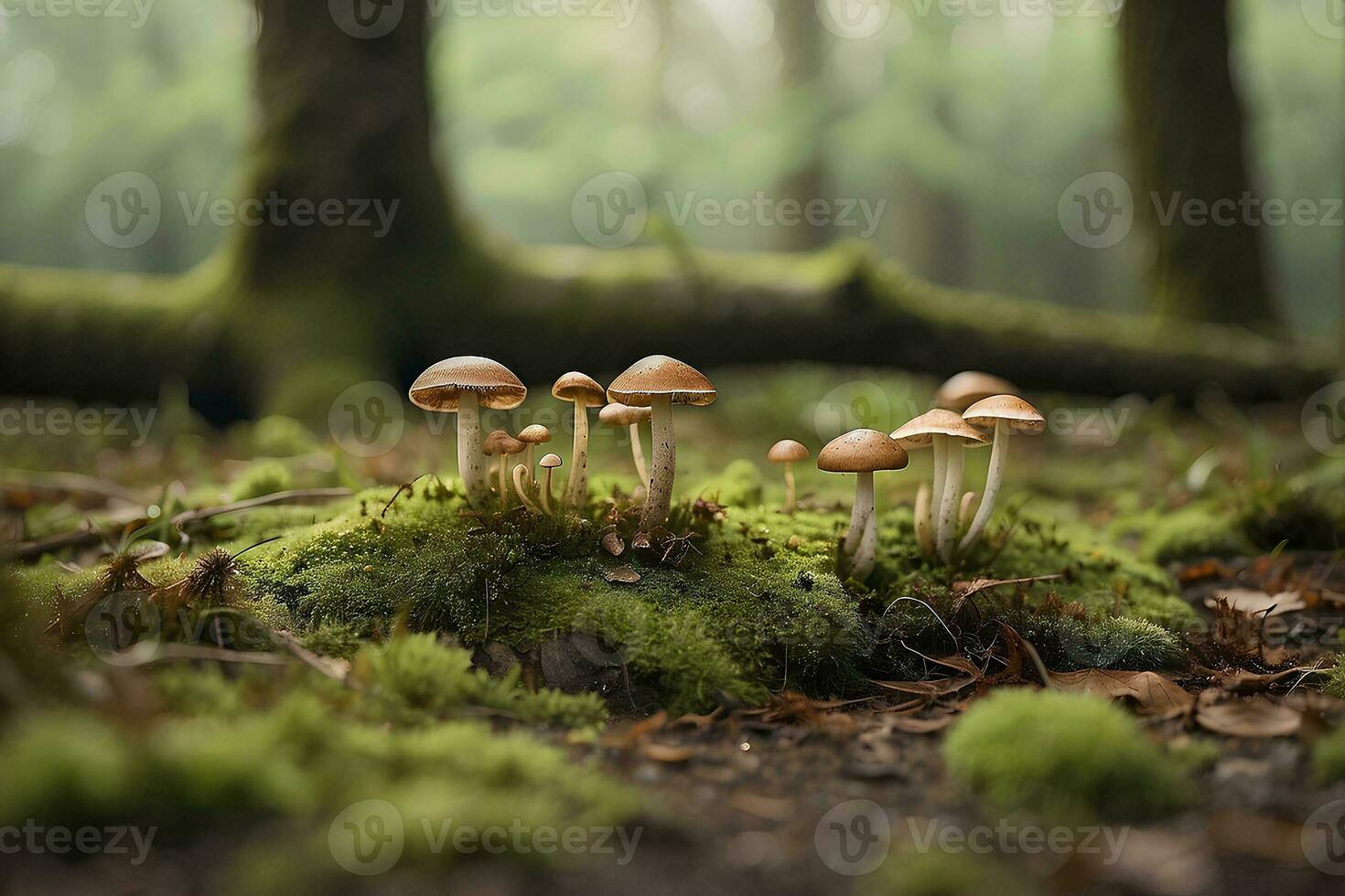 A mossy ground with tiny mushrooms in the background. photo