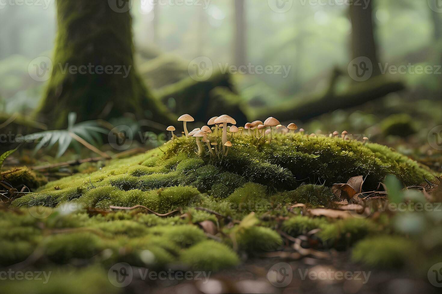 A mossy ground with tiny mushrooms in the background. photo