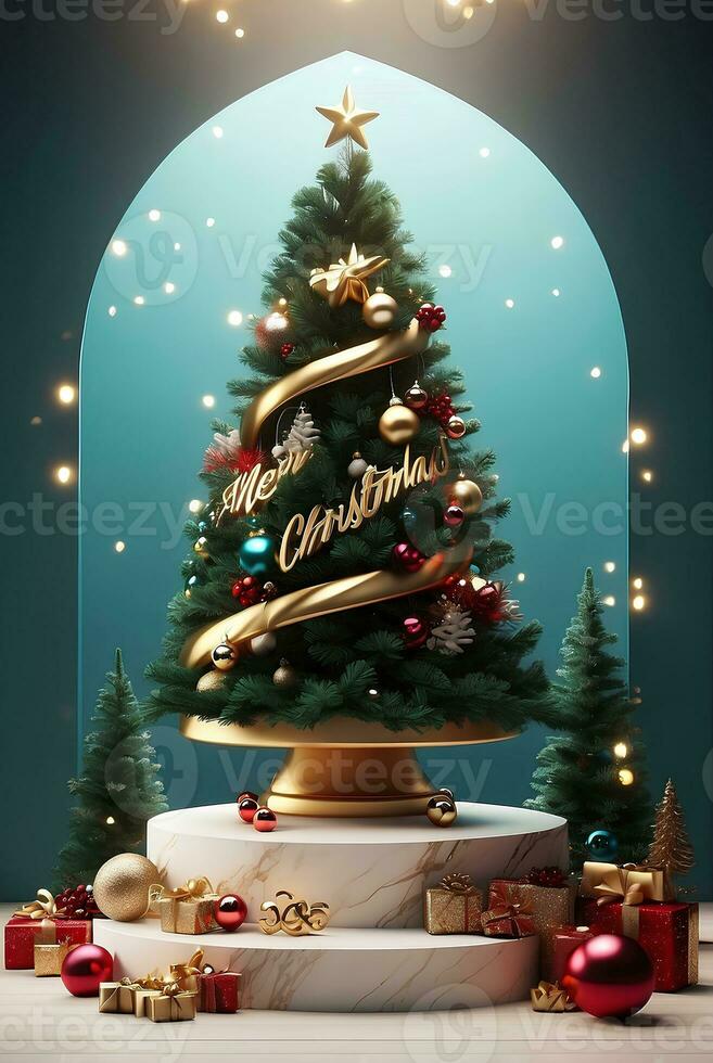 Luxury Merry Christmas product display podium with pine tree and decoration. photo