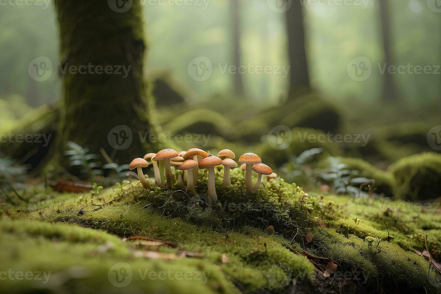 A mossy ground with tiny mushrooms in the background. photo