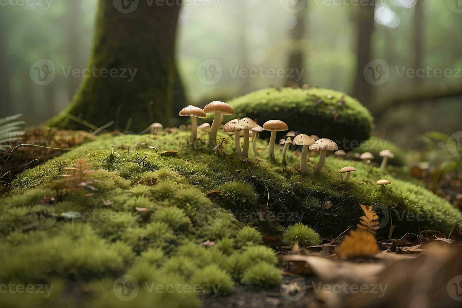 A mossy ground with tiny mushrooms in the background. photo