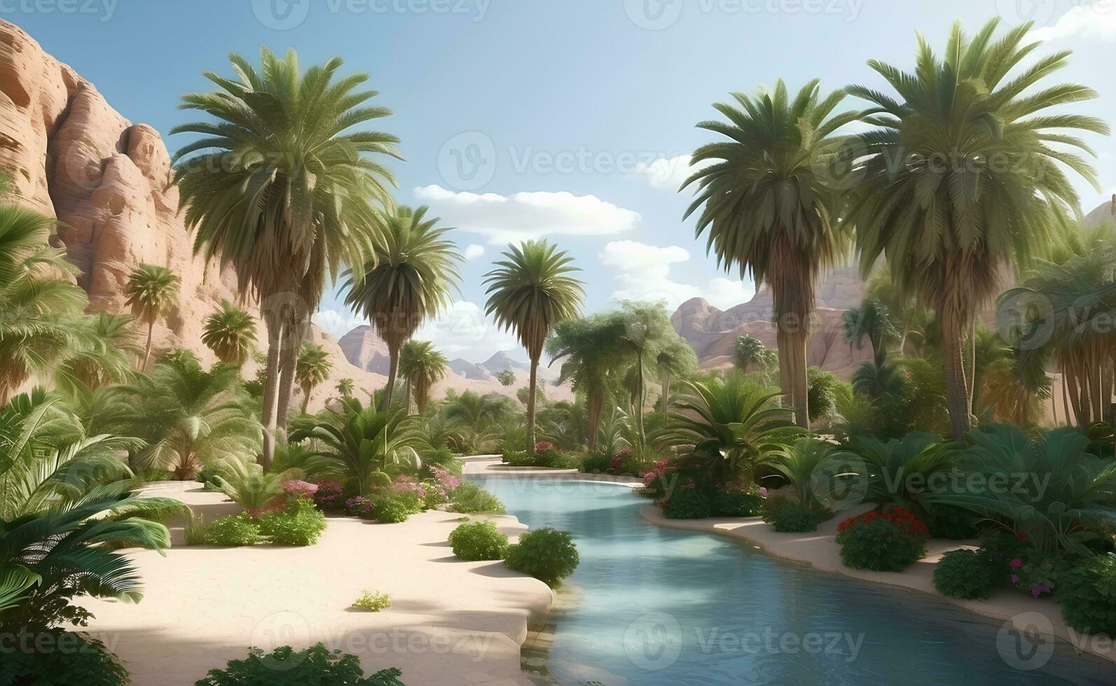 Beautiful oasis with tropical plants in desert. photo