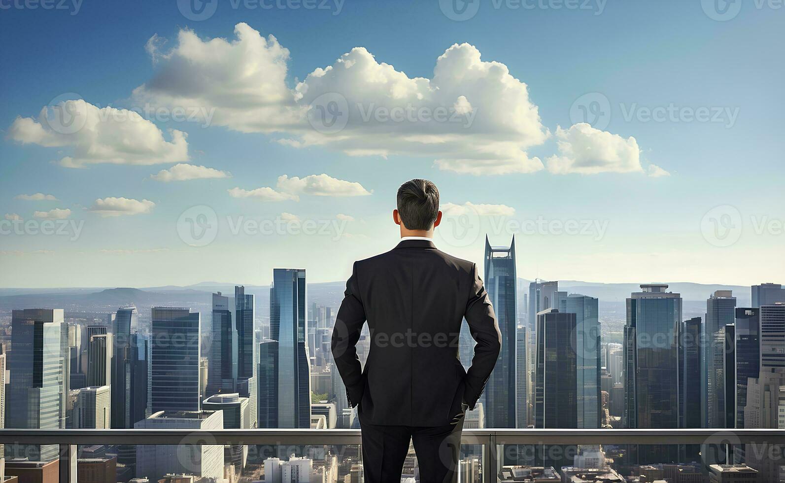 Businessman looking at city from the roof of a modern office building. photo