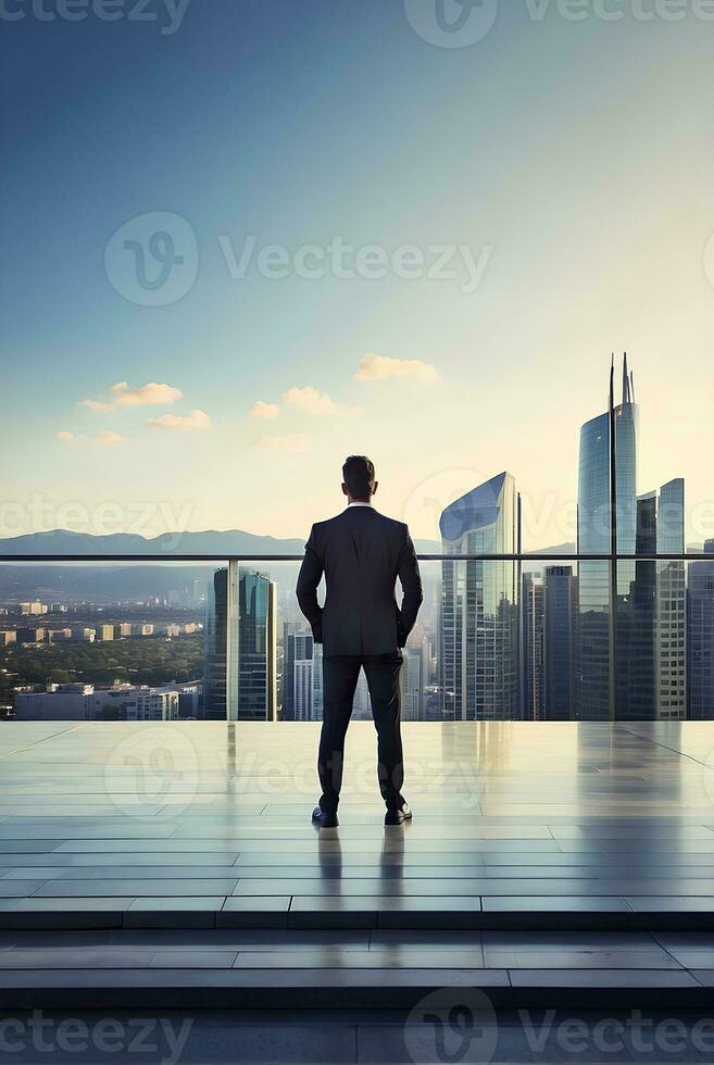 Businessman looking at city from the roof of a modern office building. photo