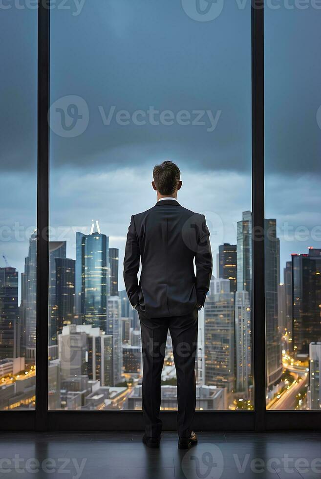 Businessman looking at city from the roof of a modern office building. photo