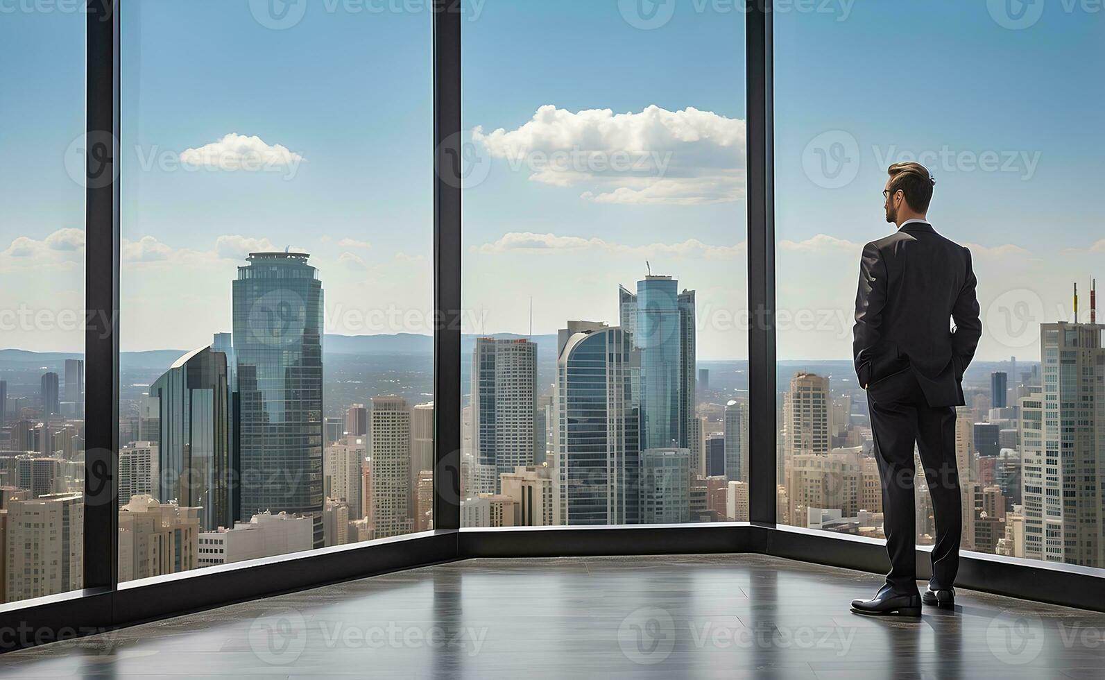 Businessman looking at city from the roof of a modern office building. photo