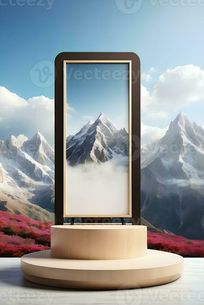 Modern podium with beautiful mountain background. photo