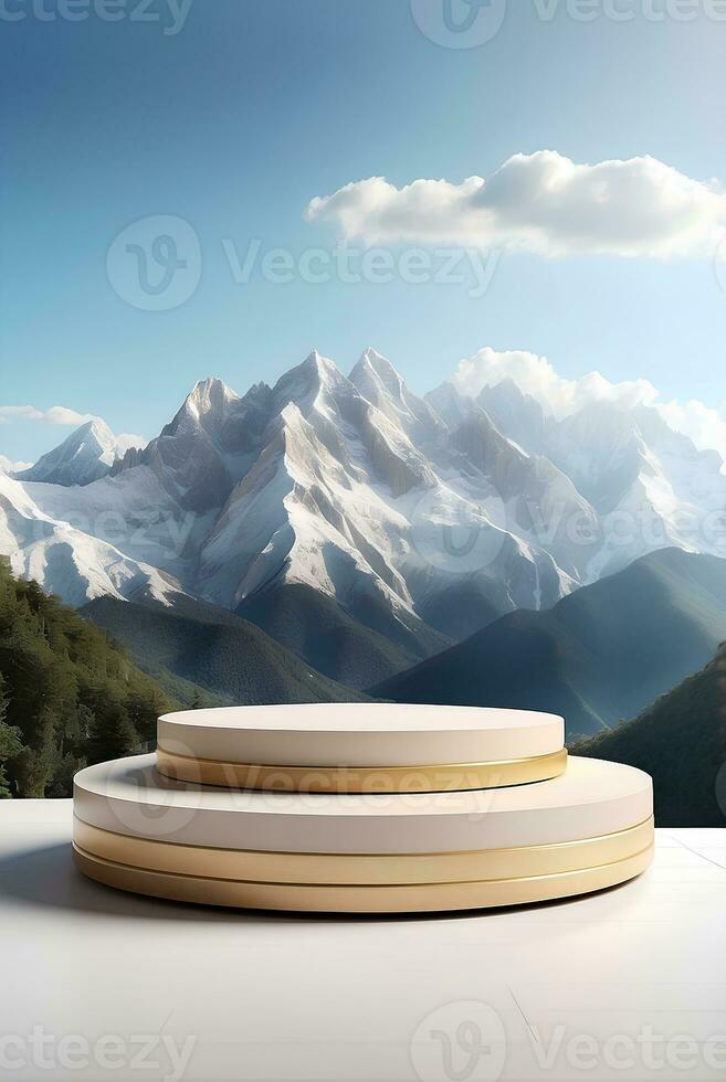 moderno podio con hermosa montaña antecedentes. foto