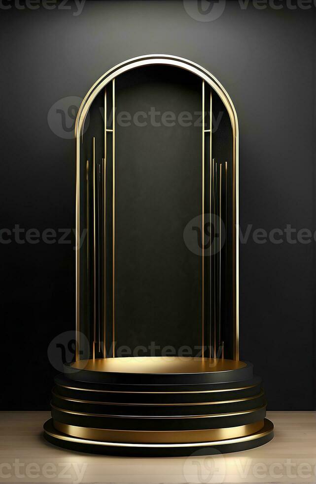 Luxury modern black and gold podium for product display presentation. photo