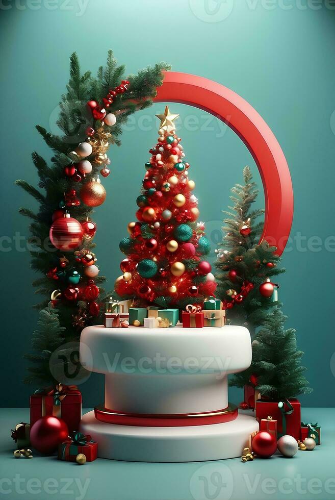 Luxury Merry Christmas product display podium with pine tree and decoration. photo